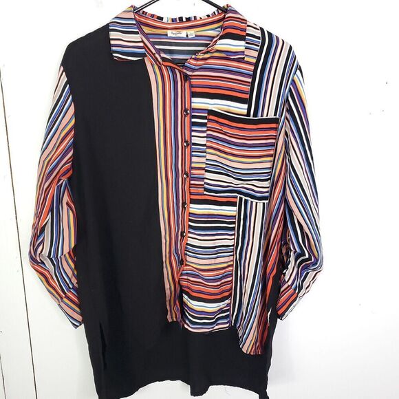 Symple NYC Top Womens L Button Down Mixed Media Striped Colorful High Low Hem - Picture 1 of 11